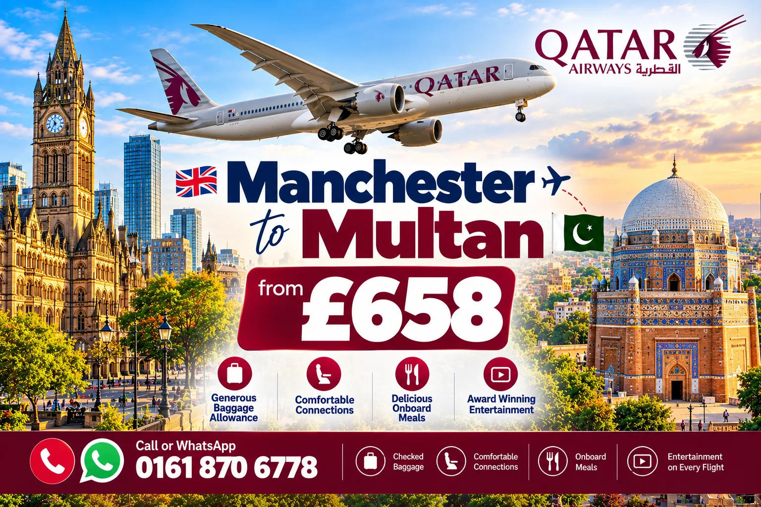 Manchester to Multan flight offer with Qatar Airways