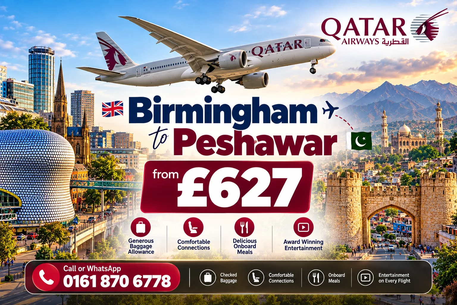 Birmingham to Peshawar flight offer with Qatar Airways