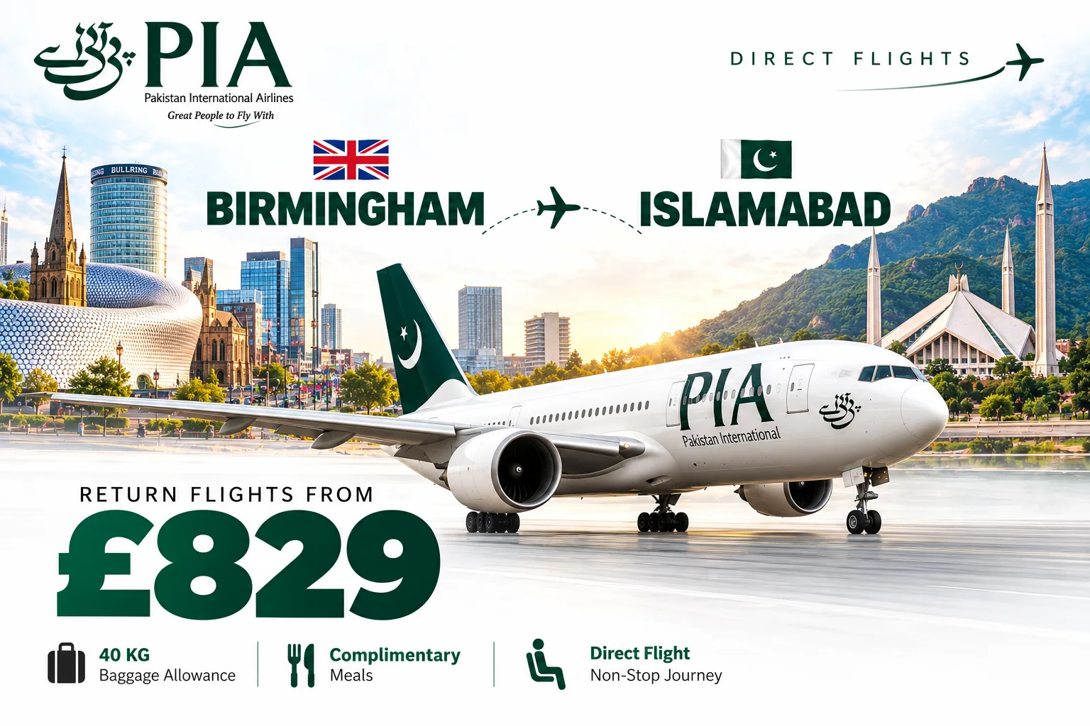 Birmingham to Islamabad flight offer with PIA
